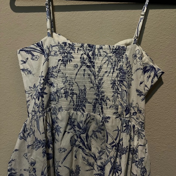 Linen Floral White and Blue Button Down Midi Sun Dress Small Sleeveless - Picture 7 of 9